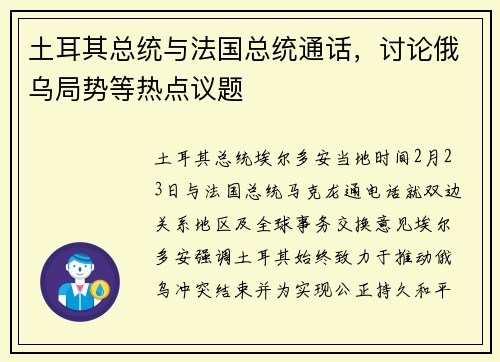 土耳其总统与法国总统通话，讨论俄乌局势等热点议题